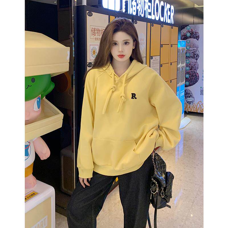 大码女装连帽卫衣女2025新款春秋季亮黄色ins潮宽松显瘦外套上衣