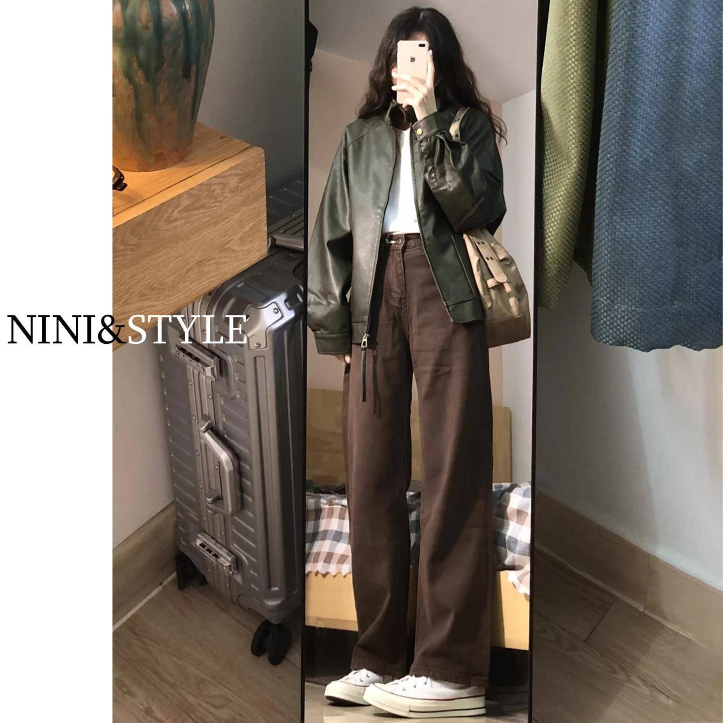 咖色窄版阔腿牛仔裤女2025秋季新款棕色复古高腰宽松显瘦直筒裤子