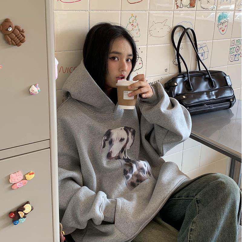 明星同款斑点狗狗印花连帽卫衣女套头秋冬外套宽松慵懒灰色帽衫