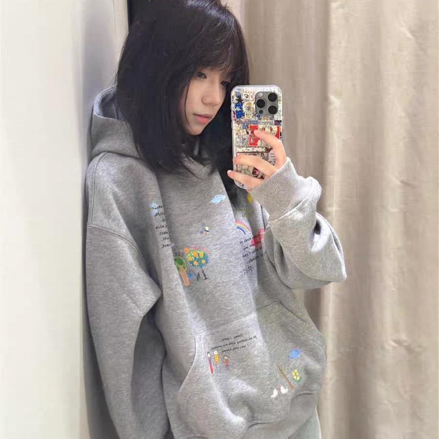 趣味少女手绘涂鸦连帽卫衣女2025秋冬新款加绒加厚设计感小众帽衫