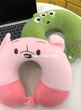 可爱绿色三f眼u型枕旅行便携高铁坐车飞机护颈枕办公室午睡枕