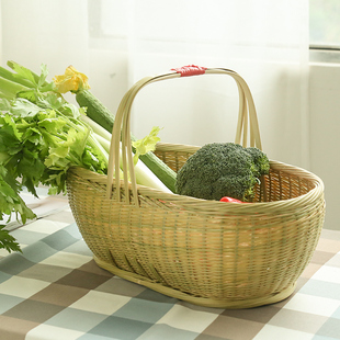 买菜篮子竹篮子手提篮竹编水果竹蓝家用洗菜采摘篮厨房圆形精品
