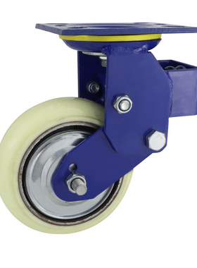 重型4568寸白色高弹性横弹簧减震轮E铁芯圆弧PU万向轮汽车厂台车