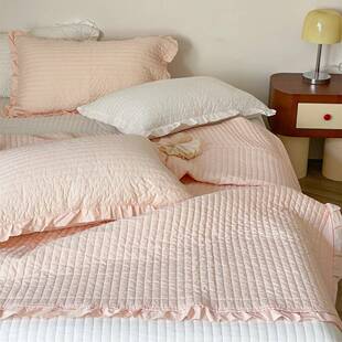 韩系简约柔滑亲肤纯棉床盖三件套绗缝夹棉花边防滑榻榻米床单铺盖