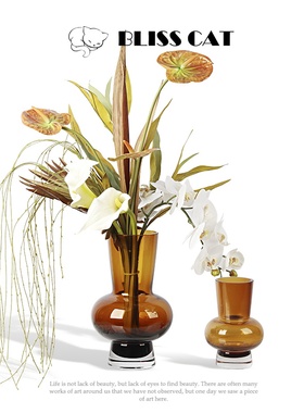 现代轻奢黄色圆形玻璃水r养花瓶客厅餐厅玄关插花桌面艺术花艺摆