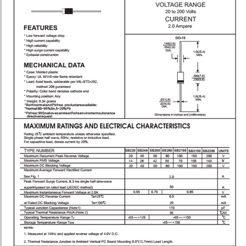 (50只) 全新 SB2100 SR2100 DO-15 肖特基二极管2A 100V