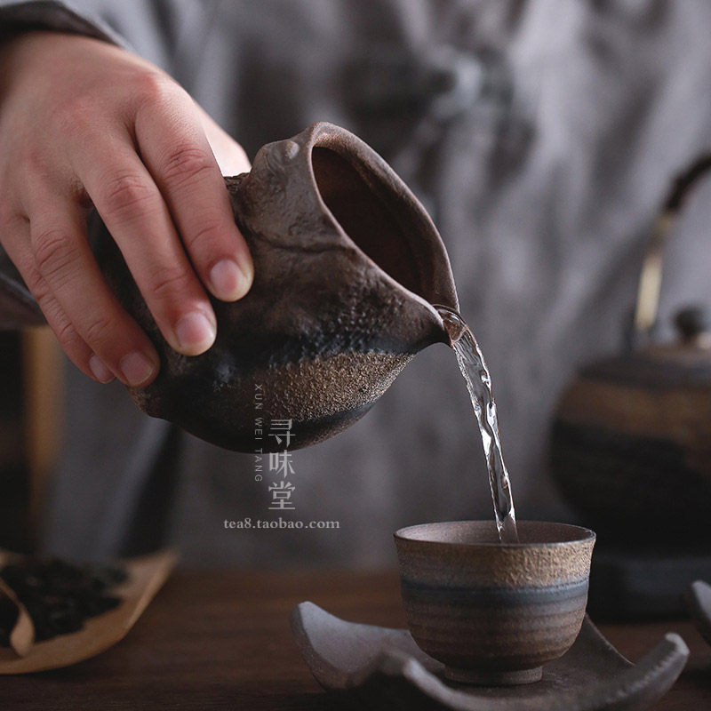 鎏金粗陶公道杯复古手工古早烧铁釉茶海匀分茶杯陶瓷功夫茶具