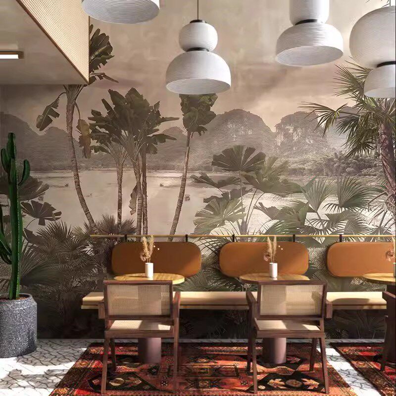 东南亚热带雨林客餐厅壁纸法式复古森林壁画酒店名宿卧室墙壁布纸