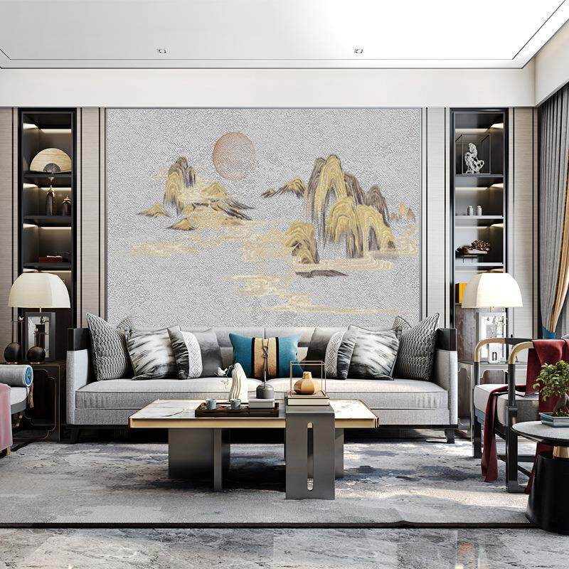 独绣刺绣无缝壁布简约山水客厅电视沙发背景墙布新中式独秀言绣