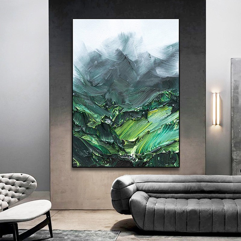 手绘肌理油画绿色风景立体山脉玄关装饰画客厅沙发背景墙落地挂画