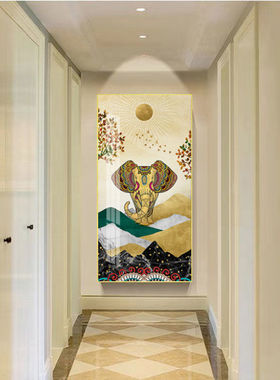 吉祥如意大象玄关装饰画竖版酒店走廊尽头过道晶瓷画壁画轻奢挂画
