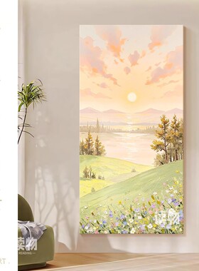 绿色山野风景肌理纯手绘油画客厅日出东方装饰画玄关走廊过道挂画