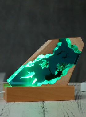文创潮玩展创意海洋树脂灯摆件微景观水晶小夜灯手工创意实木树脂