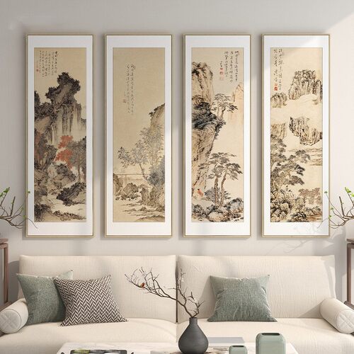 新中式客厅装饰画沙发背景墙四联风景水墨山水画茶室挂画书房壁画