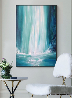 客厅蓝色抽象瀑布肌理画玄关流水生财纯手绘油画书房饭厅装饰挂画