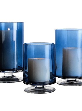 高脚蜡烛烛台摆件蓝色玻璃防风风灯样板间装饰欧式家用餐桌氛围感