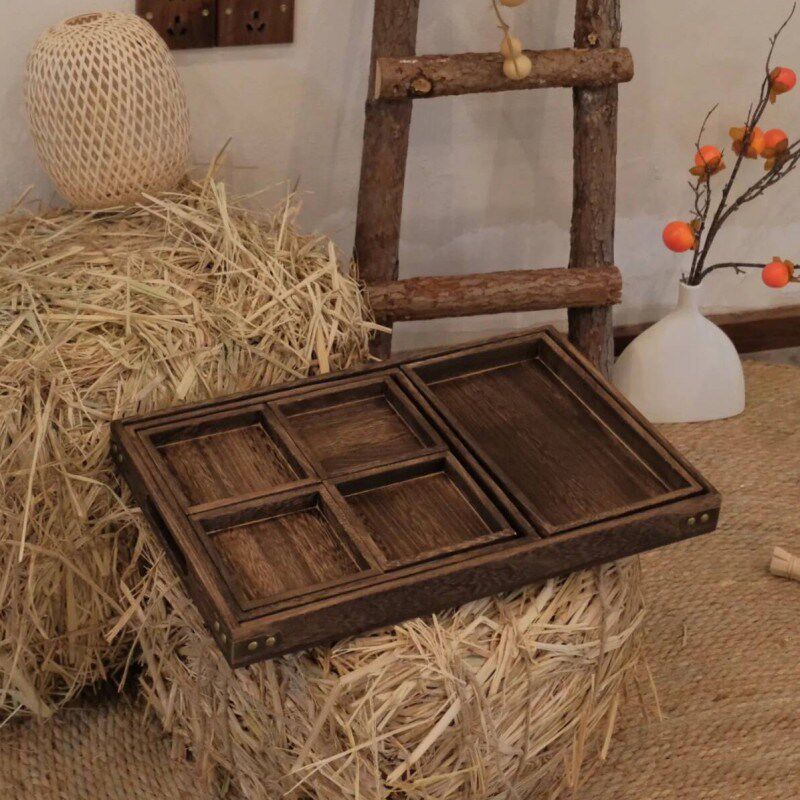新中式托盘古风餐盘放茶点盘干锅零食实木托盘七宫格商用下午茶