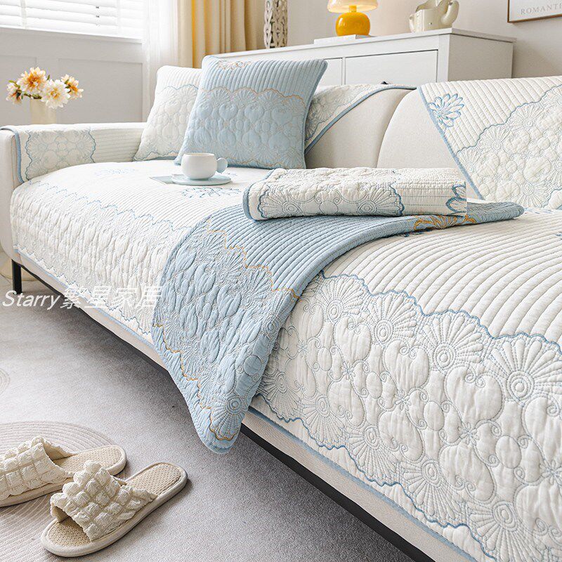 双面纯棉刺绣全棉布艺沙发垫四季通用简约沙发套罩巾客厅坐垫