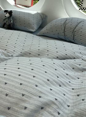 奶油风A类母婴级文艺少女皱皱双层纱爱心蓝色四件套1.5m1.8米