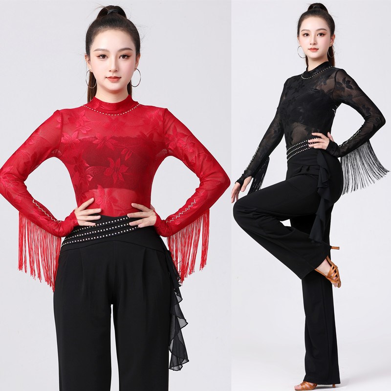 新款舞蹈上衣女网纱提花跳舞衣立领连裆勾指广场舞拉丁舞演出服装