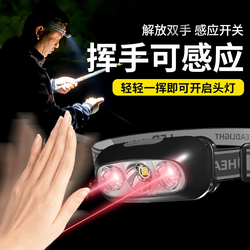 头灯强光超亮充电超长续航夜钓鱼头戴式感应户外登山小手电筒