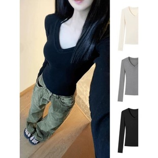 女高腰深棕色弹力浅蓝色垂感阔堆堆潮牌直筒长打底衫提档拉德上衣