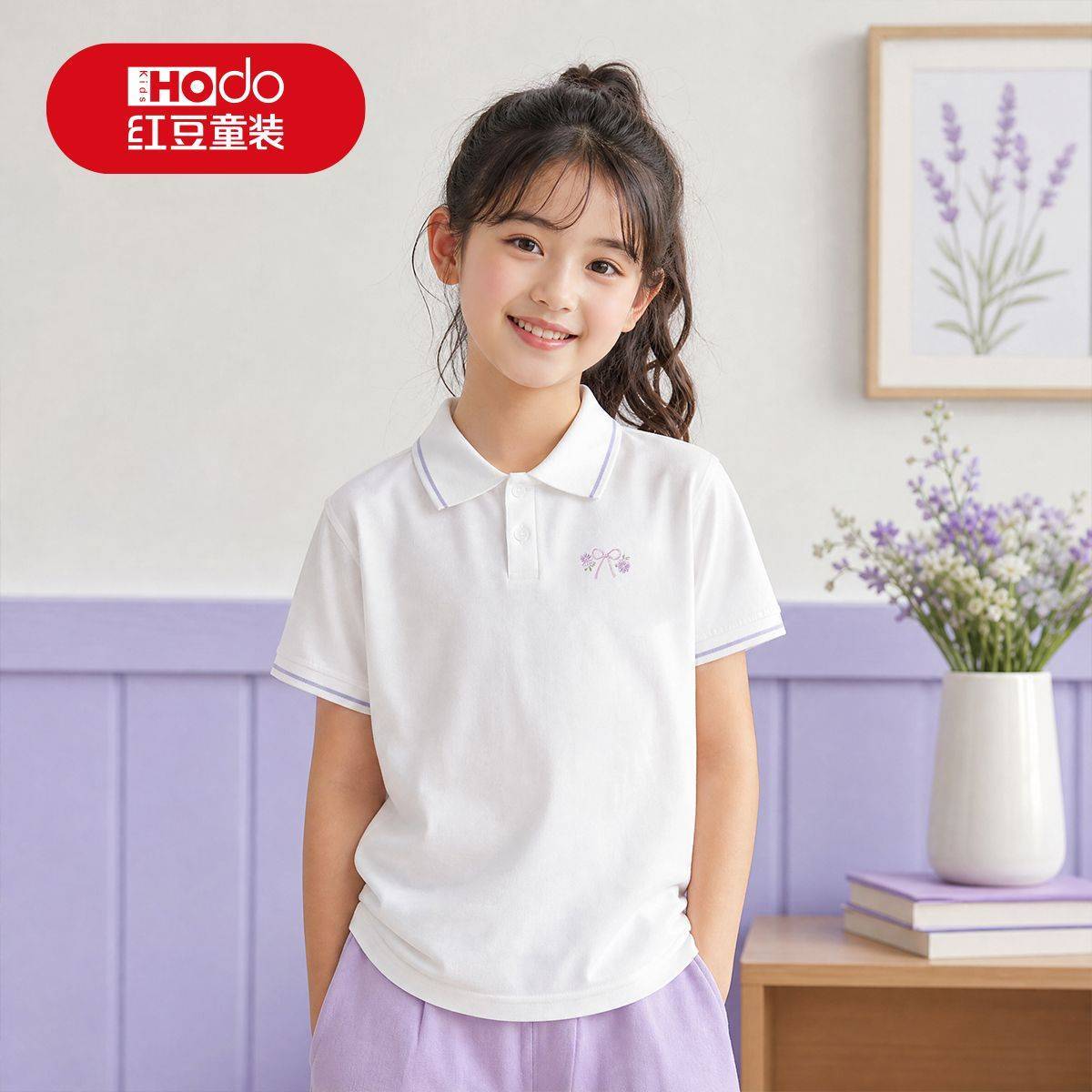 红豆儿童短袖女童T恤夏季新款女孩POLO衫上衣中大童纯棉宽松