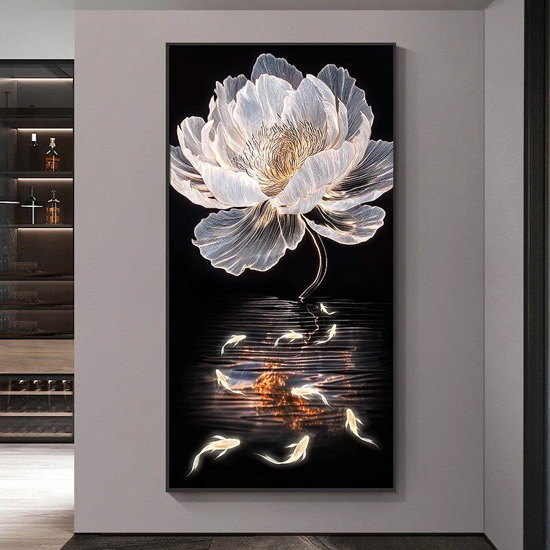 和气生财玄关装饰画轻奢九鱼图入户带灯壁画Q荷花走廊过道挂画