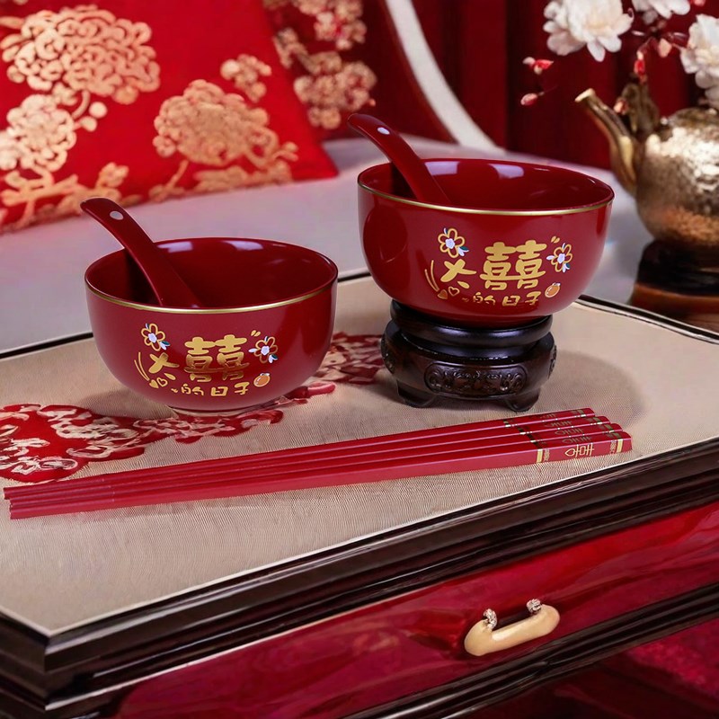 结婚陶瓷喜碗新郎新娘陪嫁改口敬茶杯红色碗筷P勺套装婚庆结婚用