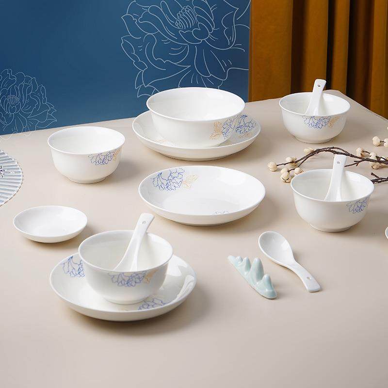 松发瓷器蓝宝牡丹中式宴席碗碟盘套装陶瓷餐具家庭聚会餐具盘摆台