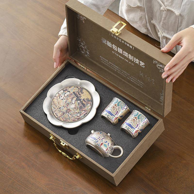 敦煌文创金银错便捷茶具小套装陈德生大师手工高档送礼银茶壶杯子