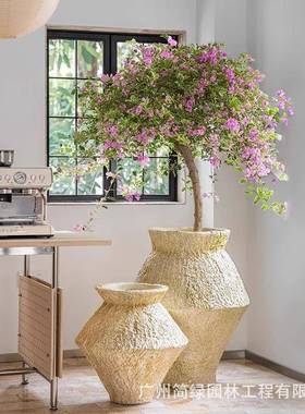 北欧艺术轻奢高级感大号镁泥落地花盆龟背竹仿真花陈列柱造型客厅