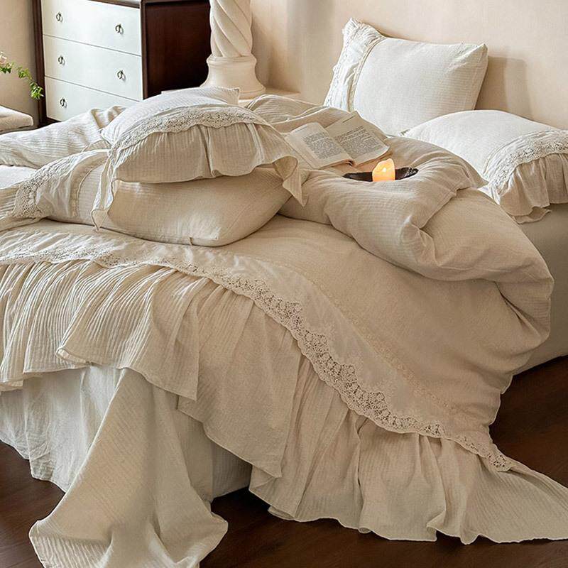 法式少女亚麻棉麻四件套纯棉刺绣本色人字纹透气四季被套床上用品