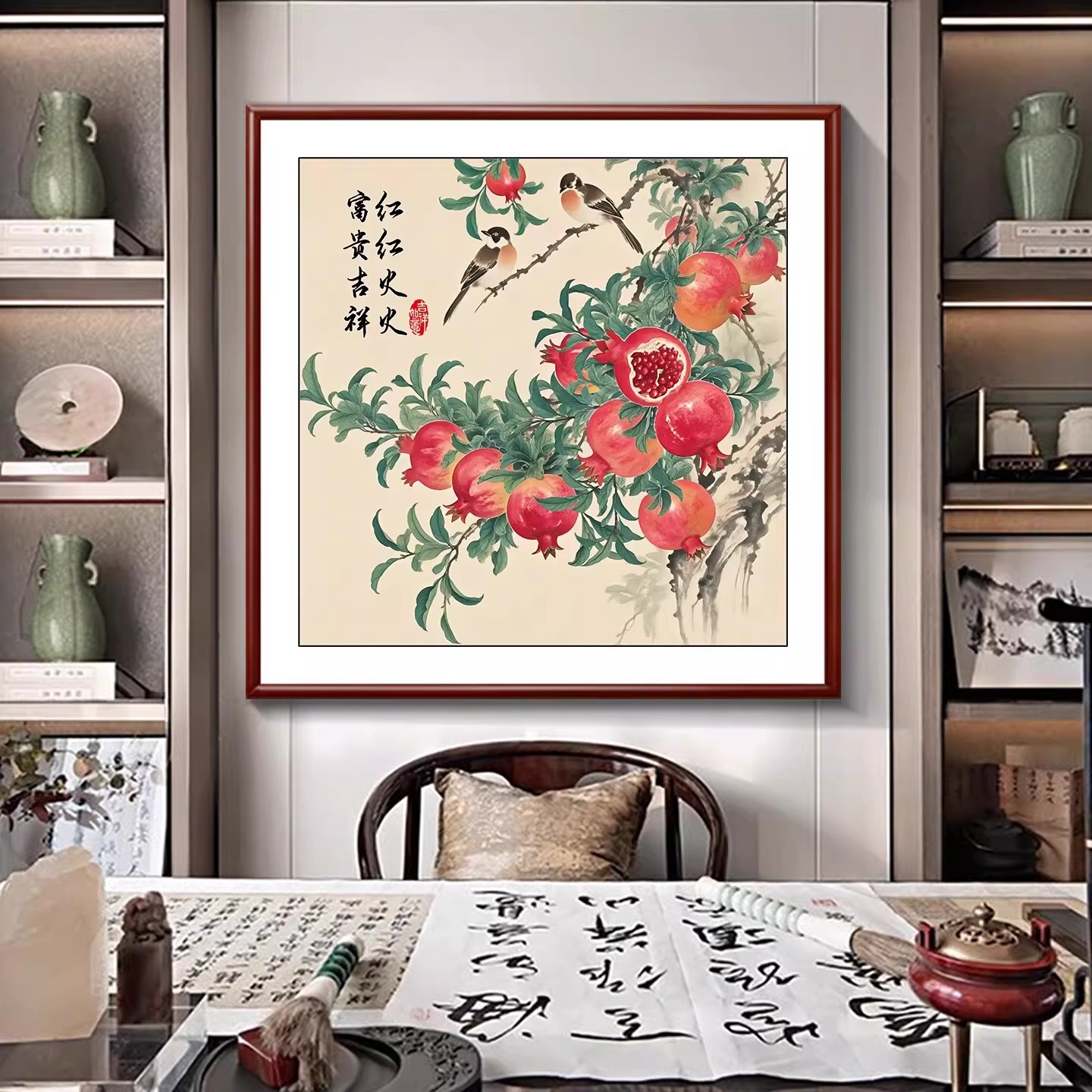 新中式多子多福石榴餐厅装饰画挂画富贵吉祥茶室餐厅定制玄关壁画