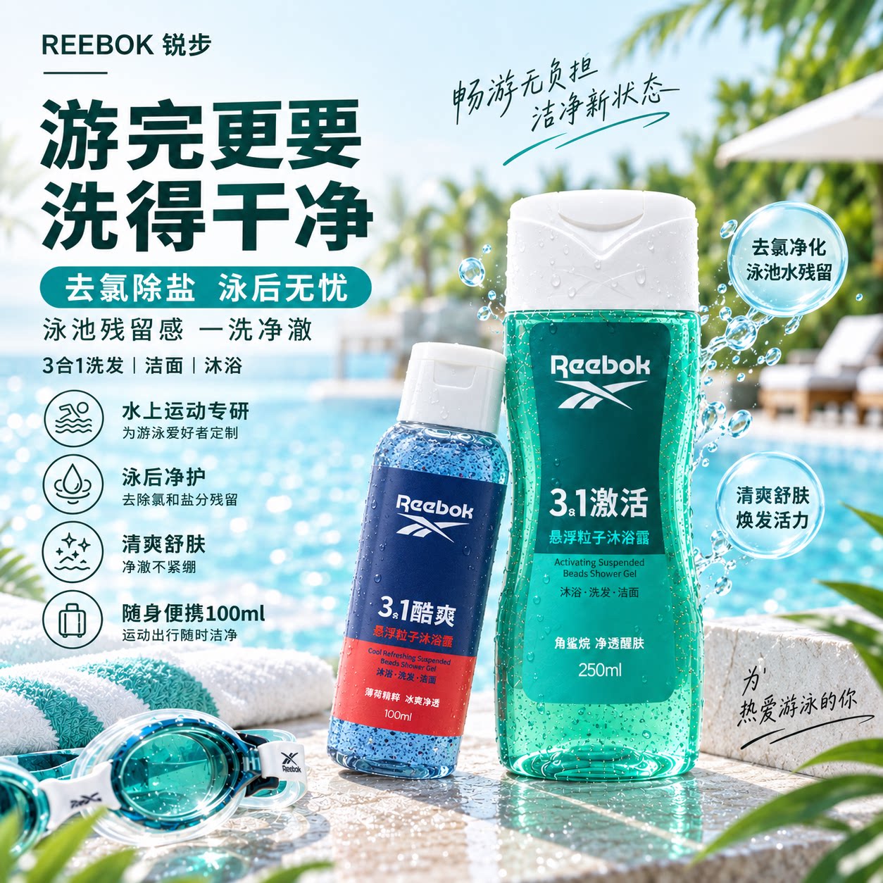 Reebok/锐步锐步三合一男士沐浴露清洁除螨游泳去氯激活350ml组合