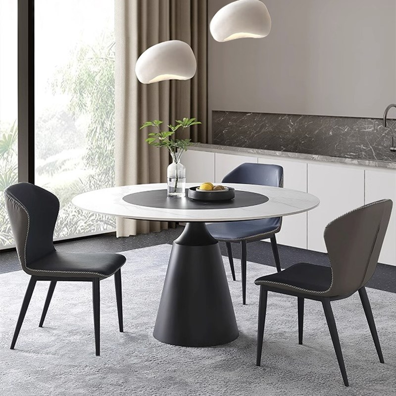 进口岩板餐桌圆j形轻奢现代简约家用小户型内嵌旋转转盘圆桌组合