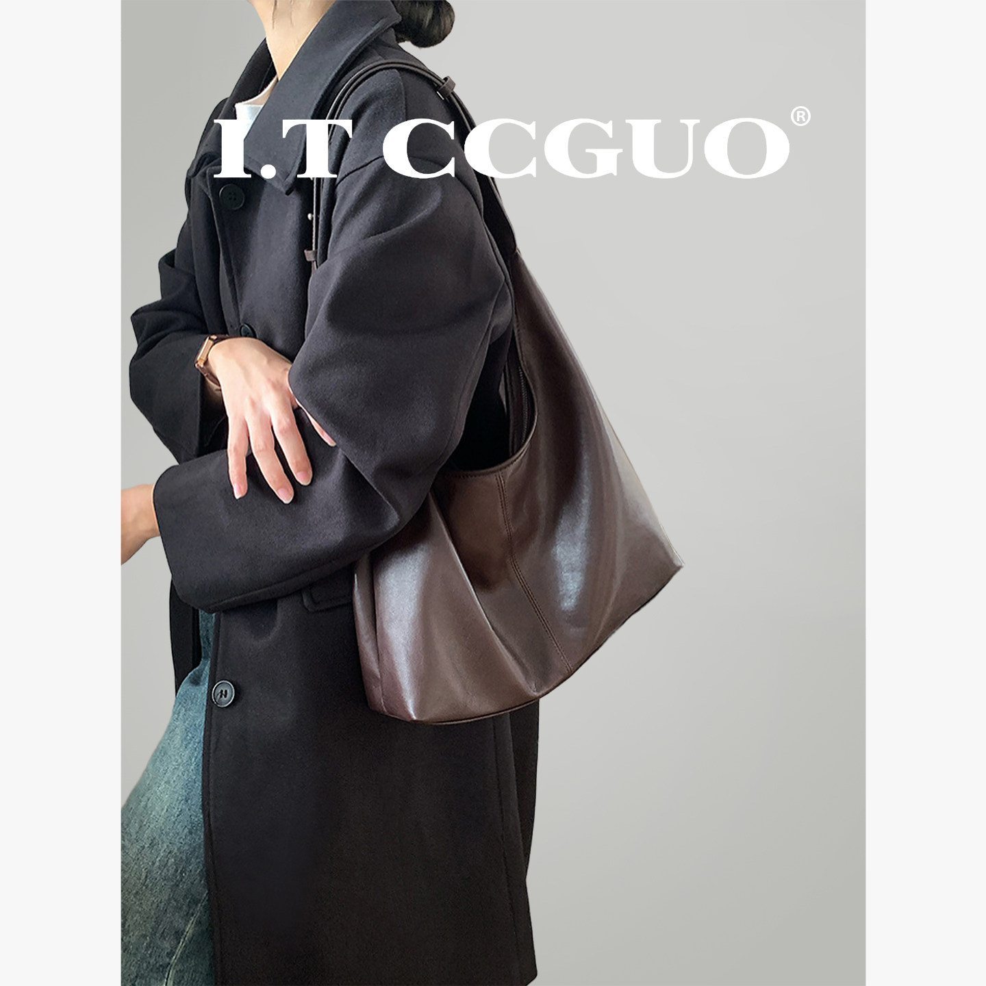 I.T CCGUO 头层羊皮复古通勤女包懒人托特包休闲大容量单肩腋下包,箱包皮具/热销女包/男包,腋下包,淘宝优惠券,粉丝福利购,淘宝优惠卷