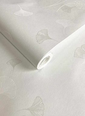 田园风银杏叶子浮雕墙纸卧室客厅美容院浅灰色简约小碎花家用壁纸