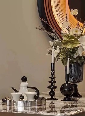 中古侘寂风现代样板房客厅餐桌花艺茶具托盘烛台组Z合装饰摆件