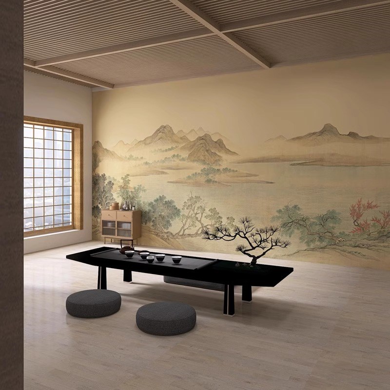 3D宋氏美学复古j山水画墙纸客厅民宿装饰墙布禅意茶室壁纸壁画定