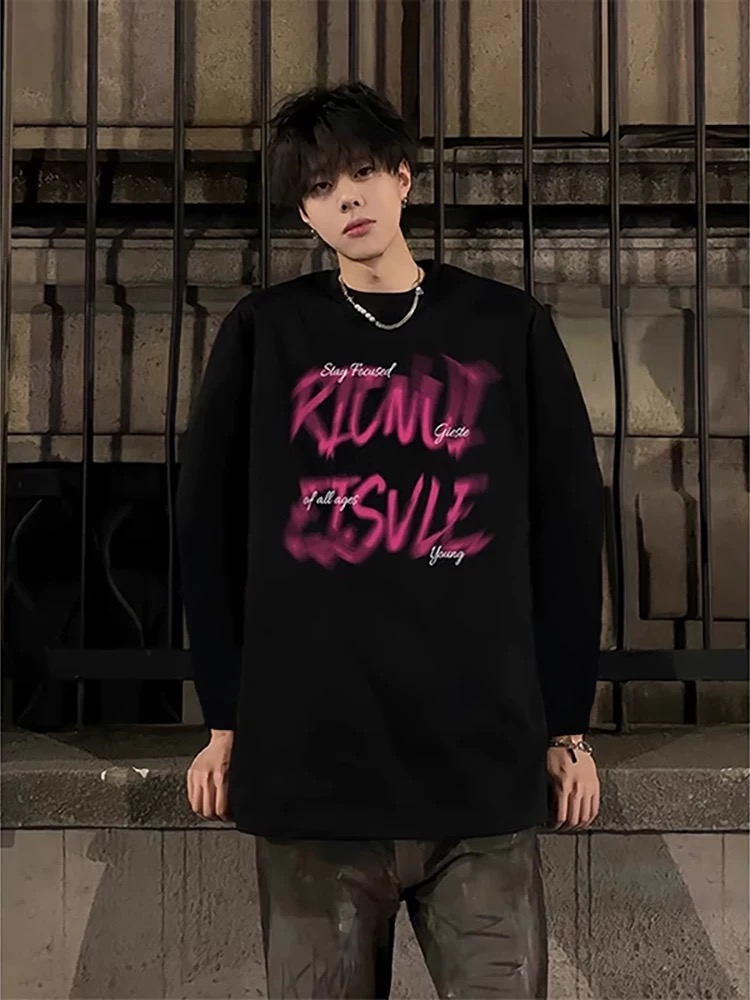 潮牌卫衣男款春秋2025新款圆领无帽痞帅炸街美式高街重磅黑粉上衣