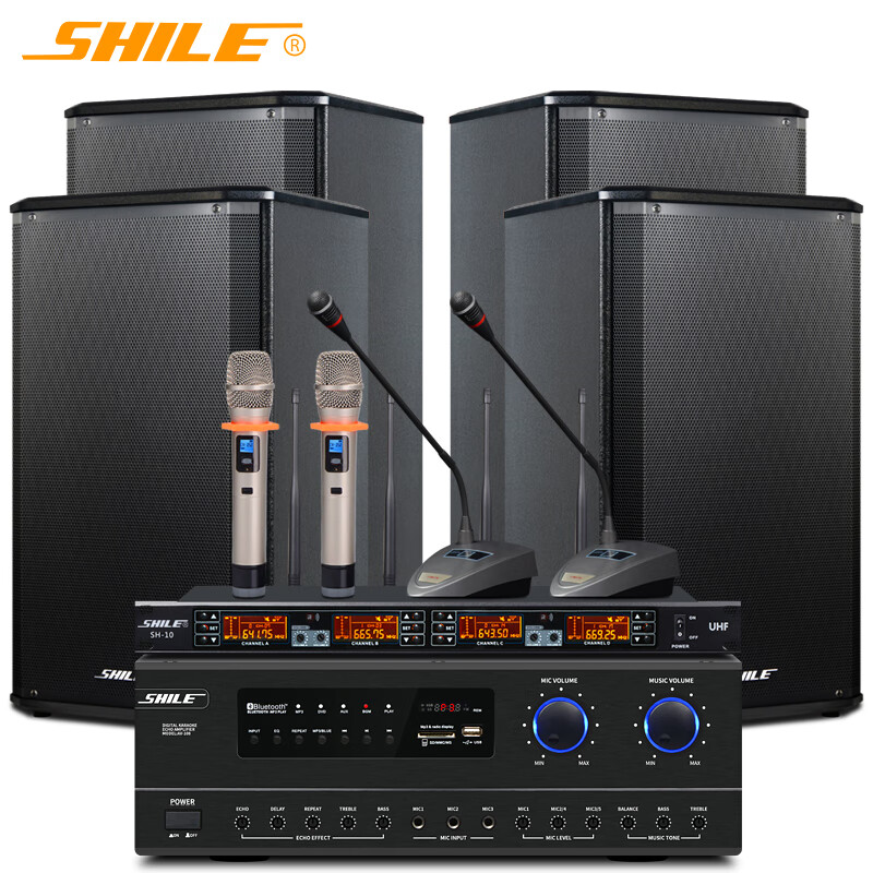 狮乐音响组合套装 蓝牙功放音箱无线话筒 AV108+108黑*4+SH10