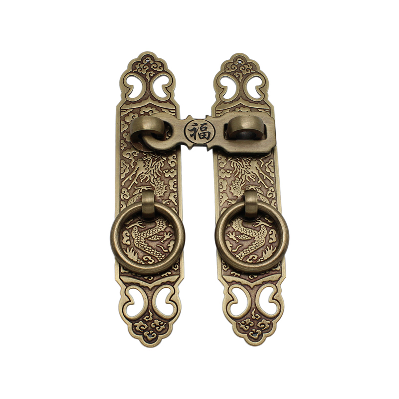 纯铜门锁中式柜门拉手门扣书柜门锁扣龙纹刻花加厚对开门拉手铜锁