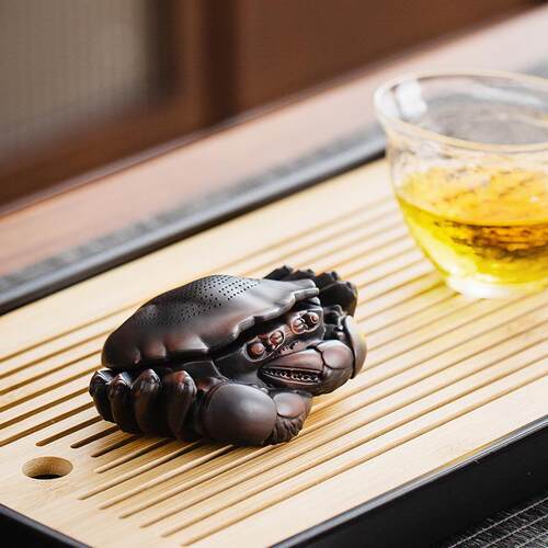 紫陶螃蟹茶漏过滤一体创意过滤组全瓷一体茶宠摆件滤网茶隔茶滤组