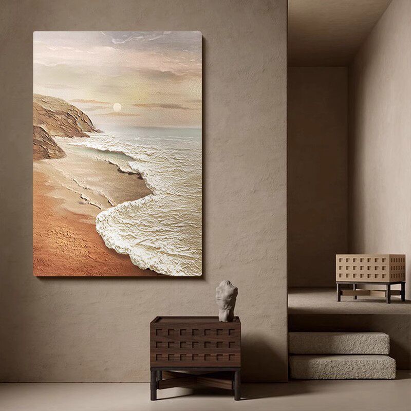 手绘油画沙发背景墙客厅装饰画玄关油画厚肌理海上日出竖版挂画