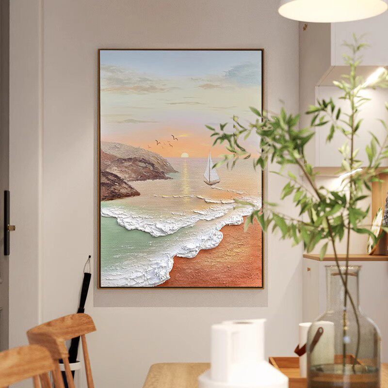 大芬村手绘油画春日海岸奶油风装饰画客厅侘寂风玄关肌理挂画
