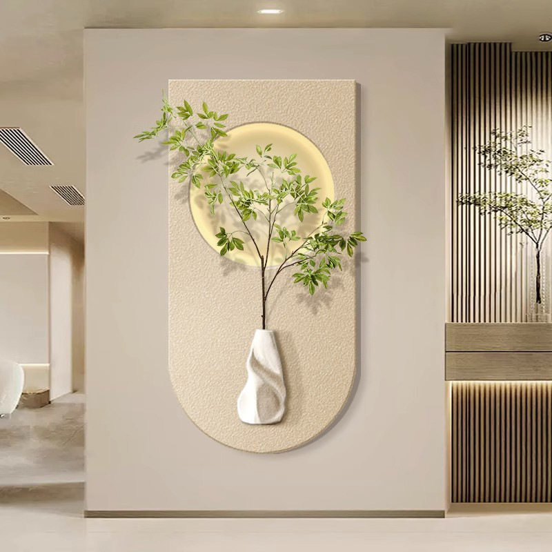 侘寂风玄关装饰画绿植沙发背景墙壁画立体砂岩led灯光画玄关挂画