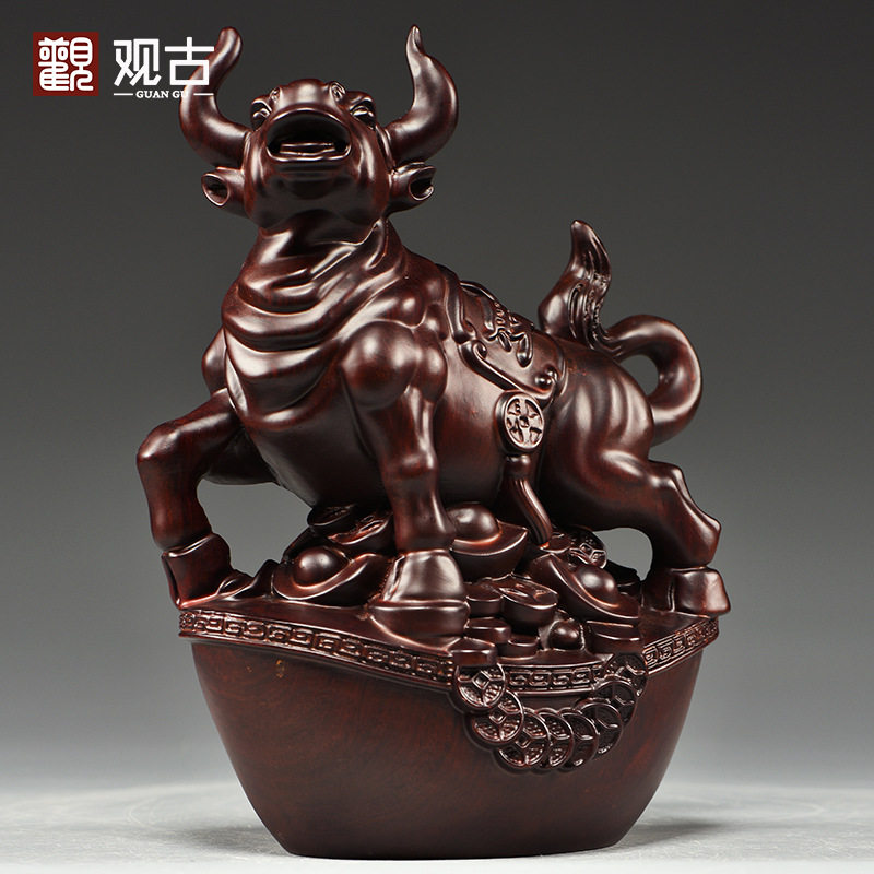黑檀木雕牛摆件十二生肖牛家居房屋补角吉祥物办公装饰红木工艺品