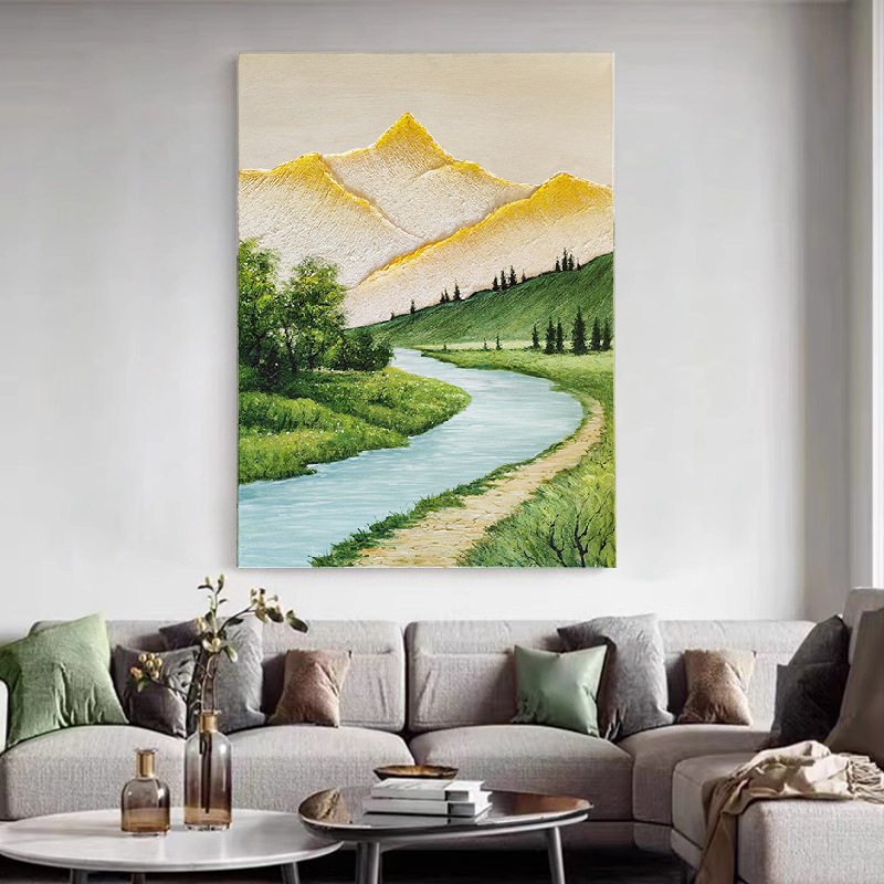 手绘油画日照金山玄关山水风景肌理画客厅装饰画抽象玄关挂画