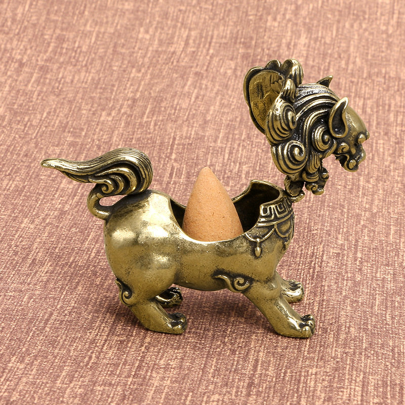 实心铜瑞兽麒麟香炉黄铜仿古玩工艺品吉祥办公室家用车载熏香